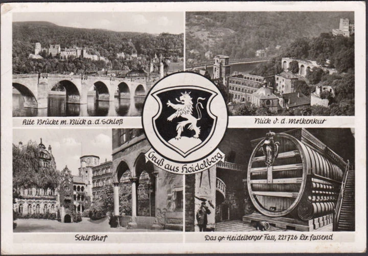 AK Heidelberg, Schlosshof, Heidelberger Fass, Alte Brücke, gelaufen 1954