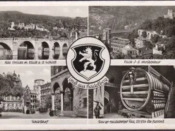 AK Heidelberg, Schlosshof, Heidelberger Fass, Alte Brücke, gelaufen 1954