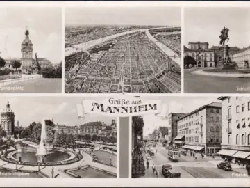 AK Mannheim, Friedrichsplatz, Planken, Schloss, Straßenbahn, gelaufen 1952