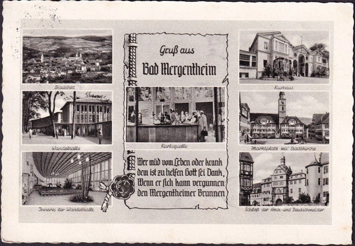 AK Bad Mergentheim, Kurhaus, Marktplatz, Wandelhalle, gelaufen 1955
