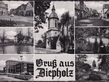 AK Diepholz, Bremer Eck, Kreishaus, Sparkasse, Langestraße, gelaufen 1959