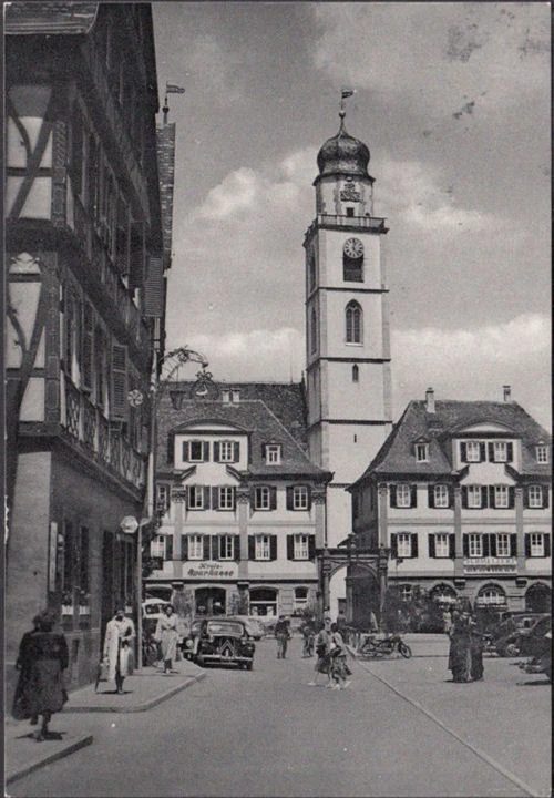 AK Bad Mergentheim, Sparkasse, Marktplatz, Stadtkirche, gelaufen 1962