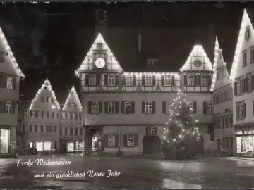 AK Bad Urach, Marktplatz, Fleisch Konsum, Hüte und Mützen, Frohe Weihnachten, gelaufen 1960