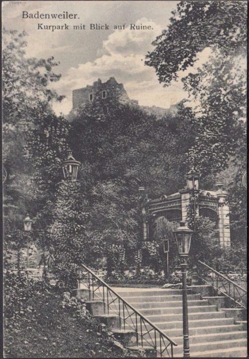 AK Badenweiler, Kurpark mit Blick auf Ruine, gelaufen 1906