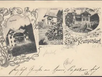 AK Gruss aus Krumpendorf, Villa Frieda, Villa Schöller, Villa Madile, gelaufen 1901