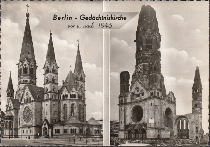 AK Berlin, Gedächtniskirche- vor und nach 1945, gelaufen 1962