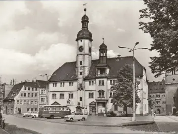 AK Eisenberg, Rathaus und Markt, Reisebus Hams Berlin, gelaufen 1979