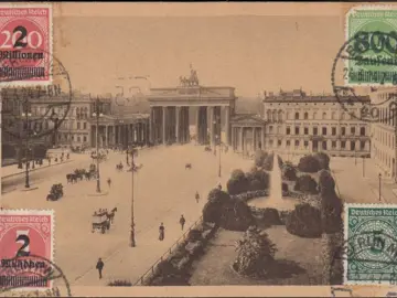 AK Berlin, Pariser Platz und Brandenburger Tor, Mehrfachfrankatur, gelaufen 1924