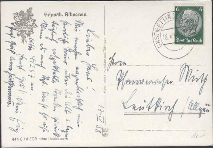 AK Albstadt, Raichberg mit Nägelehaus und Aussichtsturm, gelaufen 1938