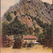 AK Bodetal, Hotel Königsruhe mit Rosstrappenfelsen, gelaufen 1902