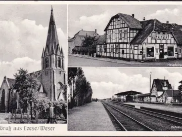 AK Leese, Bahnhof, Hauptstraße, Kirche, gelaufen