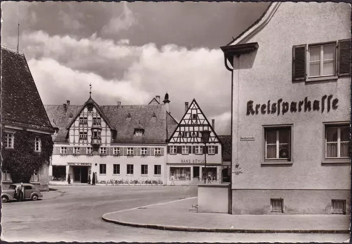 AK Langenau, Marktplatz, Kreissparkasse, Hotel Krone, Hans Bühler, VW Käfer, gelaufen 1961