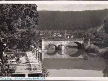 AK Hirsau, An der Nagold, Cafe Terrasse, Brücke, gelaufen 1952