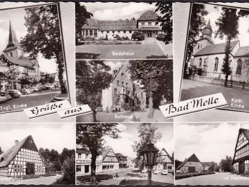 AK Bad Melle, Rathaus, Badehaus, Marktpartie, Kirchen, gelaufen 1965