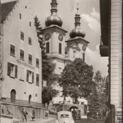 AK Donauschwingen, Brot und Feinbäckerei, VW Käfer, Stadtkirche, gelaufen 1958