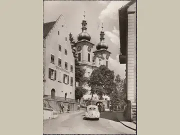 AK Donauschwingen, Brot und Feinbäckerei, VW Käfer, Stadtkirche, gelaufen 1958