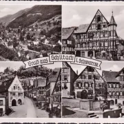 AK Schiltach, Drogerie, Restaurant zum Adler, Gasthaus zur Sonne, Brunnen, gelaufen 1957