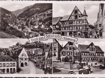 AK Schiltach, Drogerie, Restaurant zum Adler, Gasthaus zur Sonne, Brunnen, gelaufen 1957