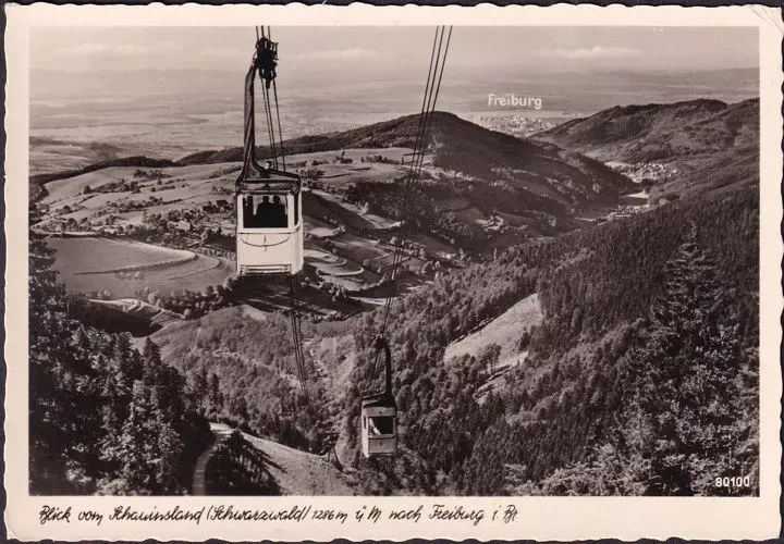 AK Freiburg, Blick vom Schauinsland nach Freiburg, Bergbahn, Gondeln, gelaufen 1952