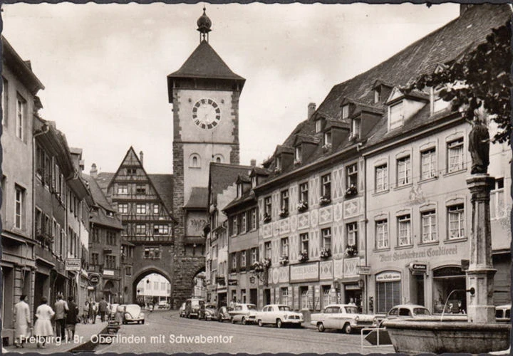 AK Freiburg, Oberlinden, Schwabentor, Hotel Bären, Solidus Schuhe, gelaufen 1962