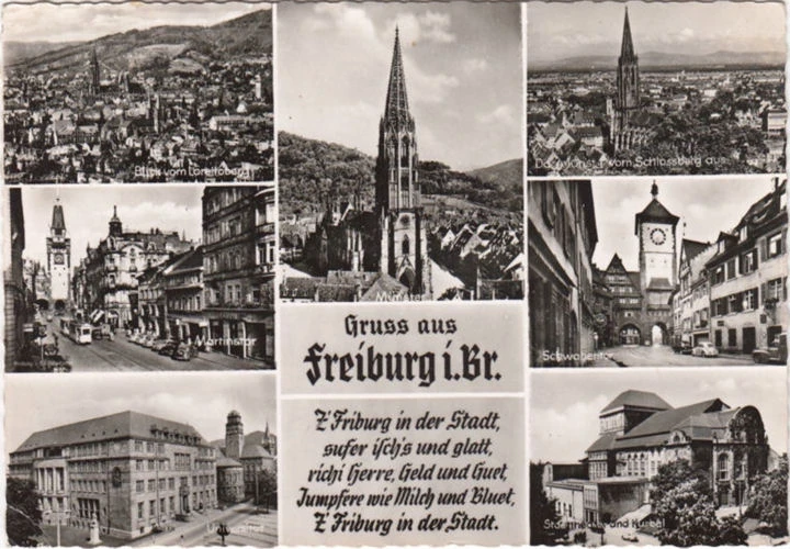 AK Freiburg, Martinstor, Schwabentor, Straßenbahn, Universität, gelaufen 1957
