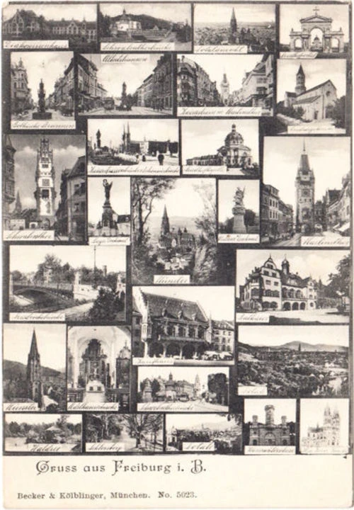 AK Gruss aus Freiburg, Albertsbrunnen, Diakonissenhaus, Kaiserstraße, Rathaus, Straßenbahnen, ungelaufen