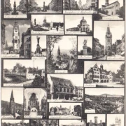 AK Gruss aus Freiburg, Albertsbrunnen, Diakonissenhaus, Kaiserstraße, Rathaus, Straßenbahnen, ungelaufen