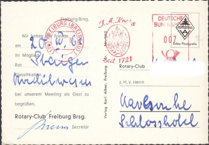 AK Freiburg, Münterturm mit Kaufhauserker, Rotary Club, gelaufen 1961