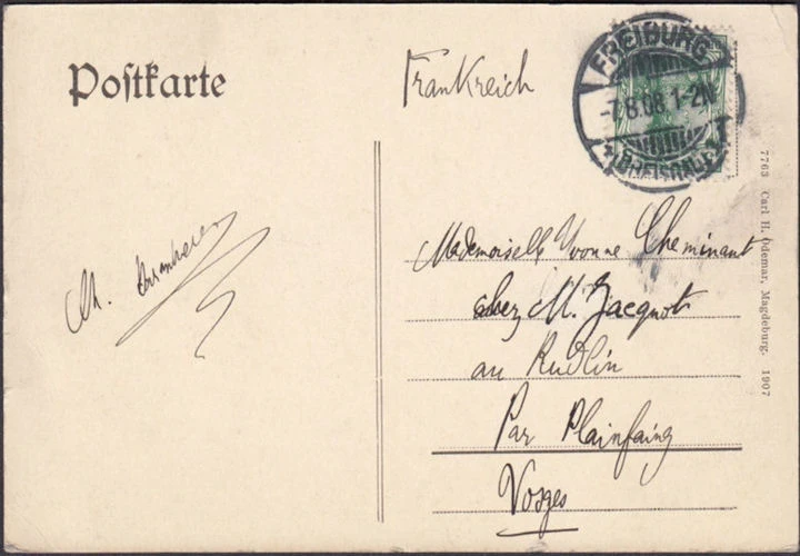 AK Freiburg, Schwabentor, gelaufen 1908