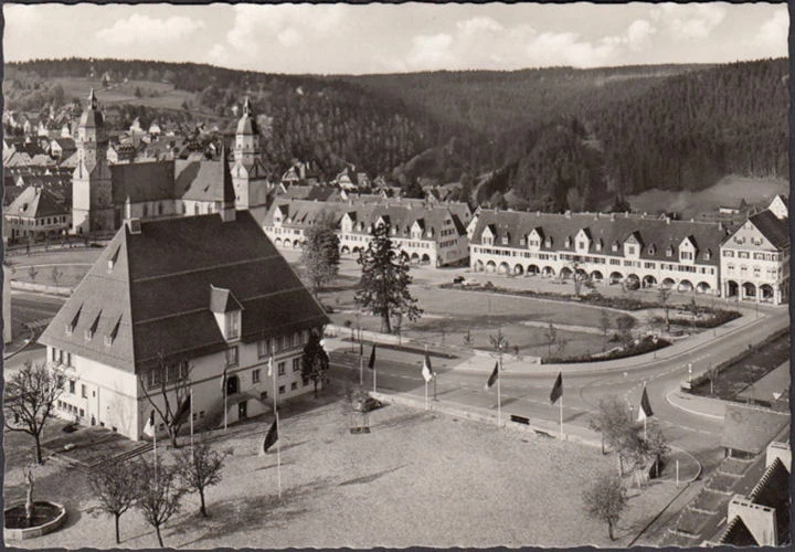 AK Freudenstadt, Stadthaus und Kirche, gelaufen 1956