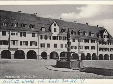 AK Freudenstadt, Marktplatz, Drogerie, Uhrenhandel, Restaurant, gelaufen 1962