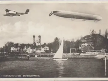 AK Friedrichshafen, Zeppelin, Wasserflugzeug, Schlosskirche, gelaufen 1932