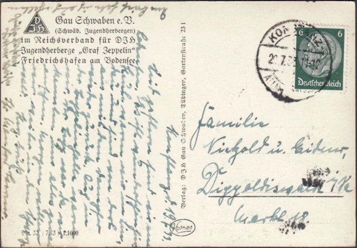 AK Friedrichshafen, Jugendherberge Graf Zeppelin, Gau Schwaben, Fliegeraufnahme, gelaufen 1933
