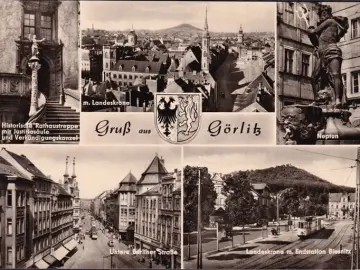 AK Görlitz, Rathaustreppe, Berliner Straße, Landeskrone, gelaufen 1967