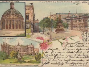AK Gruss aus Berlin, Hedwigs Kirche, Palais Wilhelm I, Bibliothek, gelaufen 1897