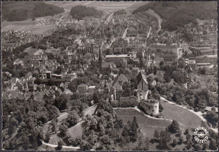 AK Heidenheim, Fliegeraufnahme, Schloss Hellenstein und Stadt, gelaufen 1967
