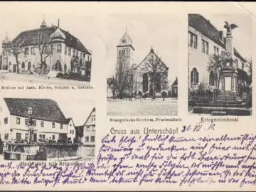 AK Gruss aus Unterschüpf, Rathaus, Brunnen, Kriegerdenkmal, gelaufen 1910