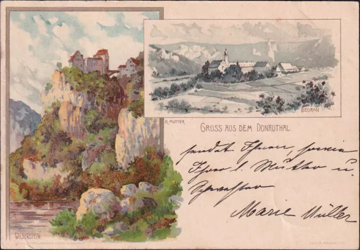 AK Gruss aus dem Donautal, Beuron, Schloss Wildenstein, gelaufen 1900