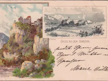 AK Gruss aus dem Donautal, Beuron, Schloss Wildenstein, gelaufen 1900