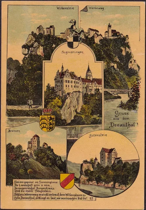 AK Gruss aus dem Donautal, Schloss Sigmaringen, Werenwag, Gutenstein, gelaufen 1909