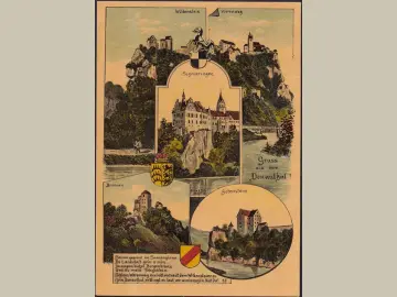 AK Gruss aus dem Donautal, Schloss Sigmaringen, Werenwag, Gutenstein, gelaufen 1909