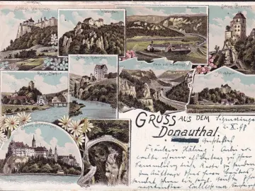 AK Gruss aus dem Donautal, Schloss Wildenstein, Schloss Bronnen, Schloss Werenwag, gelaufen 1898
