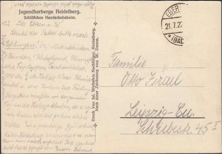 AK Heidelberg, Jugendherberge, Schlösschen Handschuhsheim, gelaufen 1922
