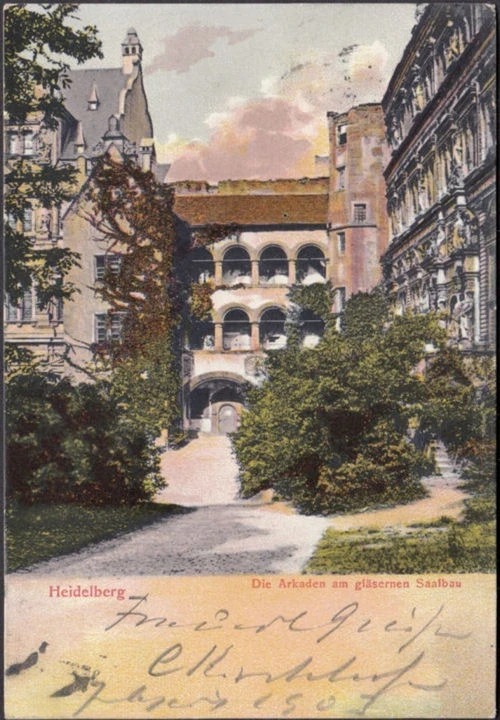 AK Heidelberg, Arkaden am gläsernen Saalbau, gelaufen 1903