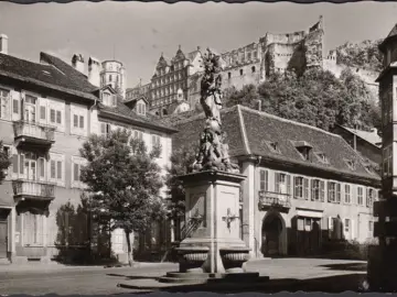 AK Heidelberg, Am Kornmarkt, Denkmal, gelaufen 1955