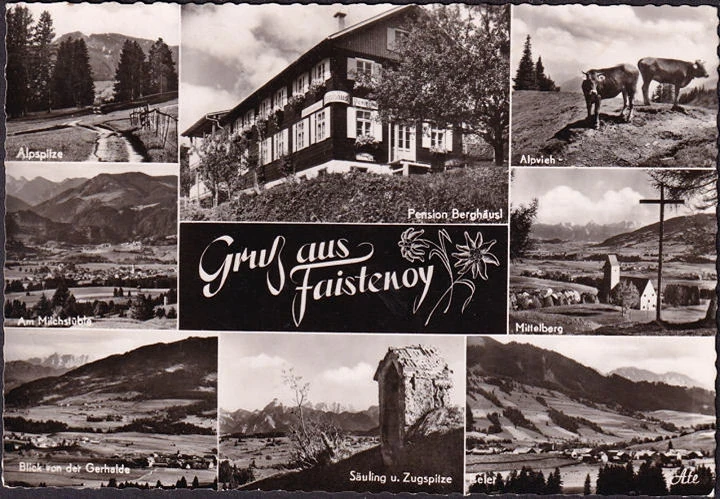 AK Faistenoy, Pension Berghäusl, Säugling und Zugspitze, gelaufen 1961