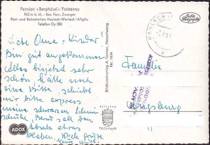 AK Faistenoy, Pension Berghäusl, Säugling und Zugspitze, gelaufen 1961