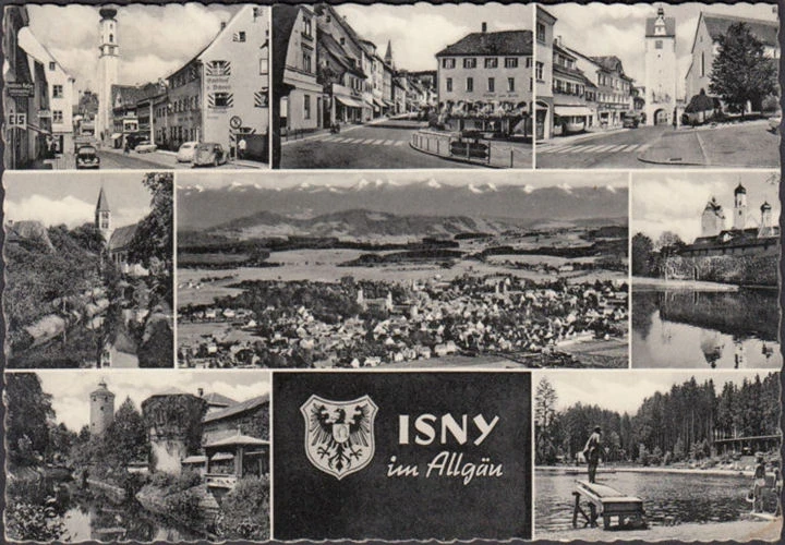 AK Isny, Gasthof zum Bären, Konditorei Weber, Gasthof zum Hirsch, gelaufen 1962