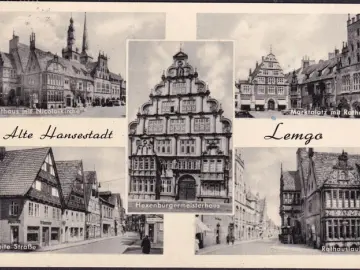 AK Lemgo, Rathaus, Marktplatz, Breite Straße, Rathauslaube, gelaufen 1956