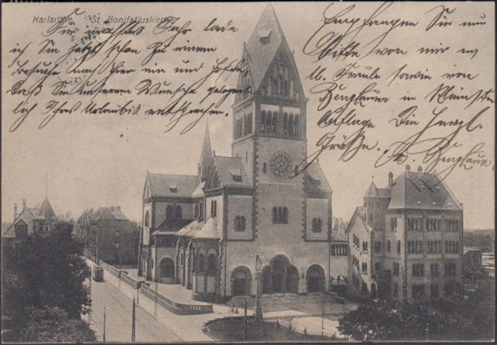 AK Karlsruhe, Bonifatiuskirche, Straßenbahn, gelaufen 1909